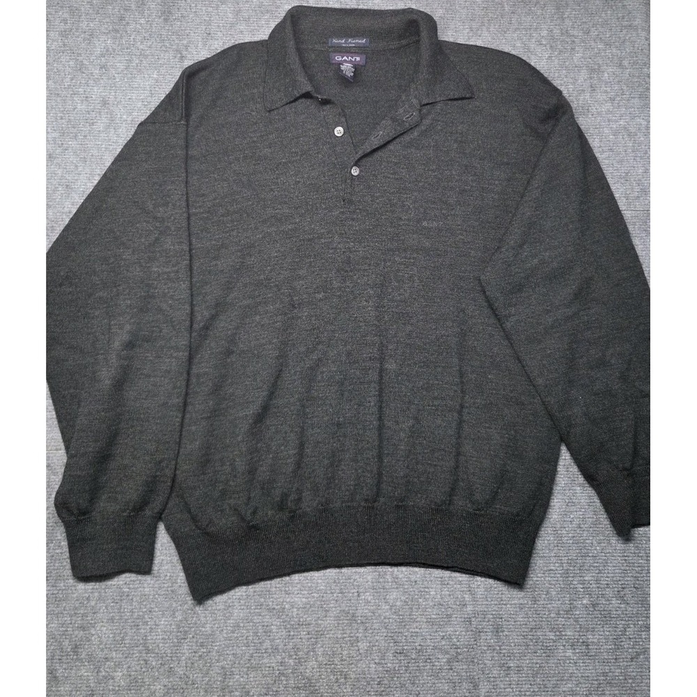 GANT Hand Framed Wool Sweater Polo Mens Large Gray 100% Wool Knit Long Sleeve
